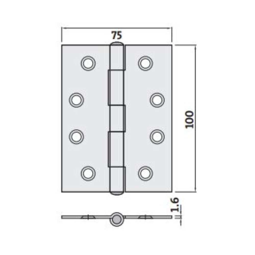 Trio Hinges Butt Satin Chrome Fixed Pin 100x75x1.6mm