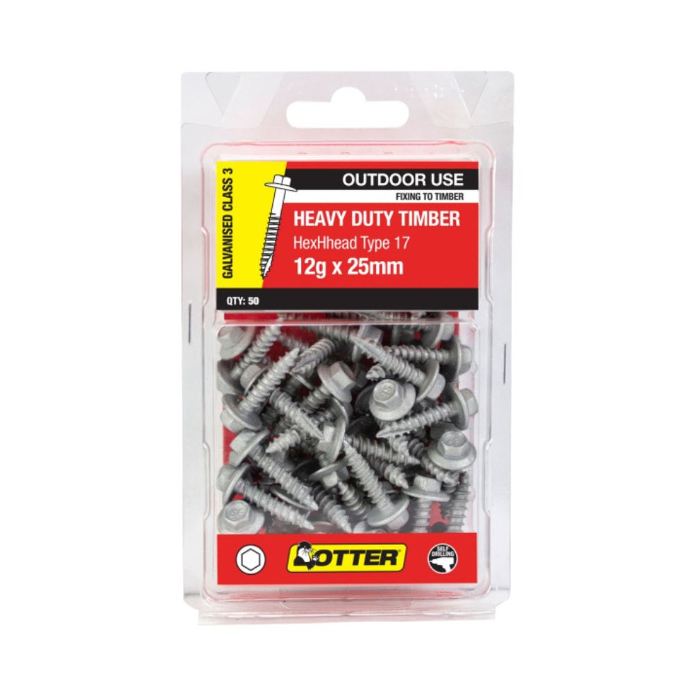 Otter Timber Screws Hex Head Type 17, Class 3 - 12gx65mm - 50 Pack