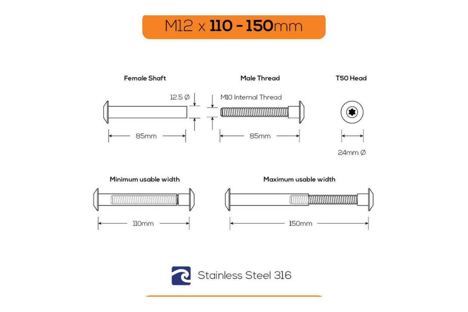 Vuetrade Vuebolt Concealed Thread Bolts Stainless Steel, Card of 2