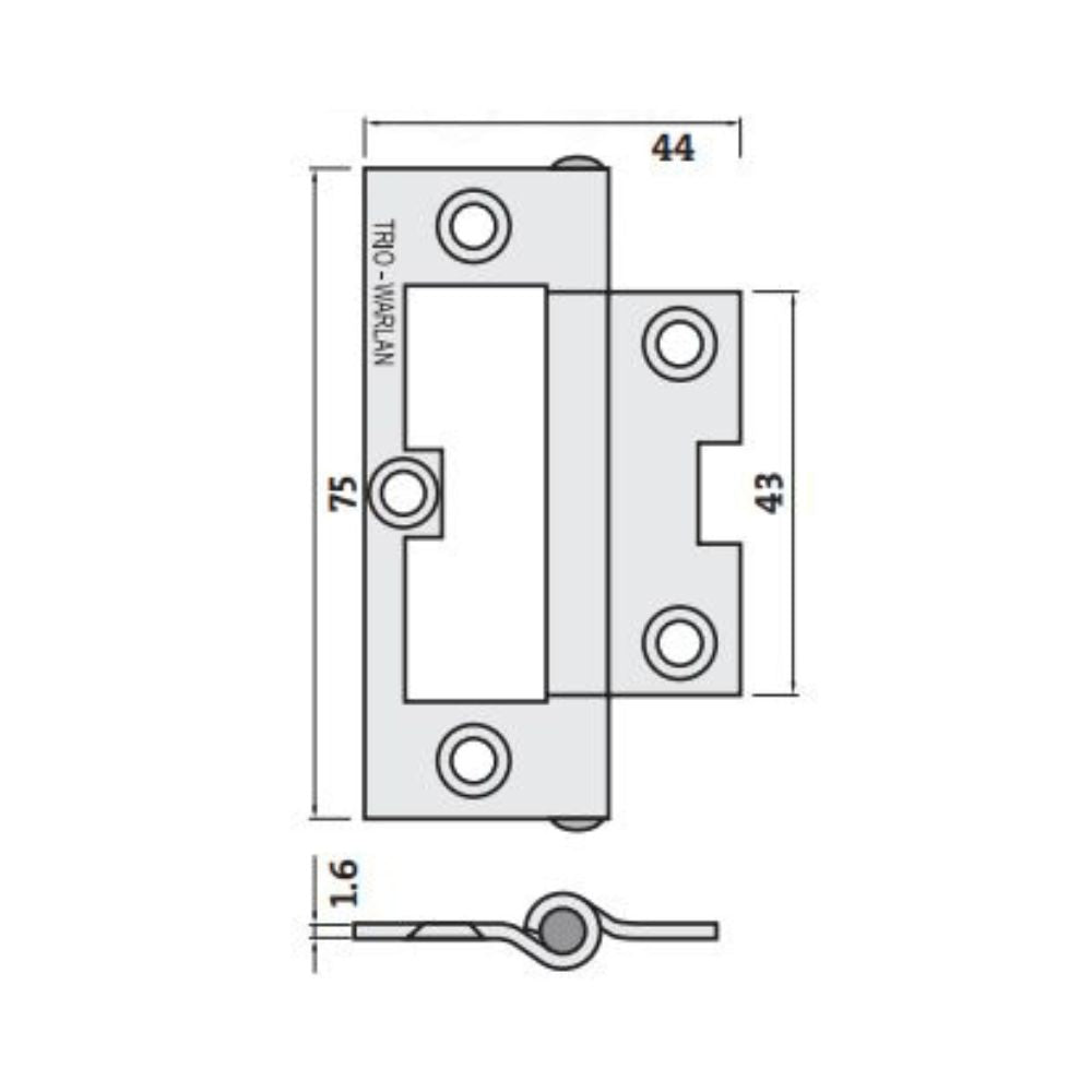 Trio Hinges Non Mort Zinc Plated Flat Fixed Pin 75x44x1.6mm