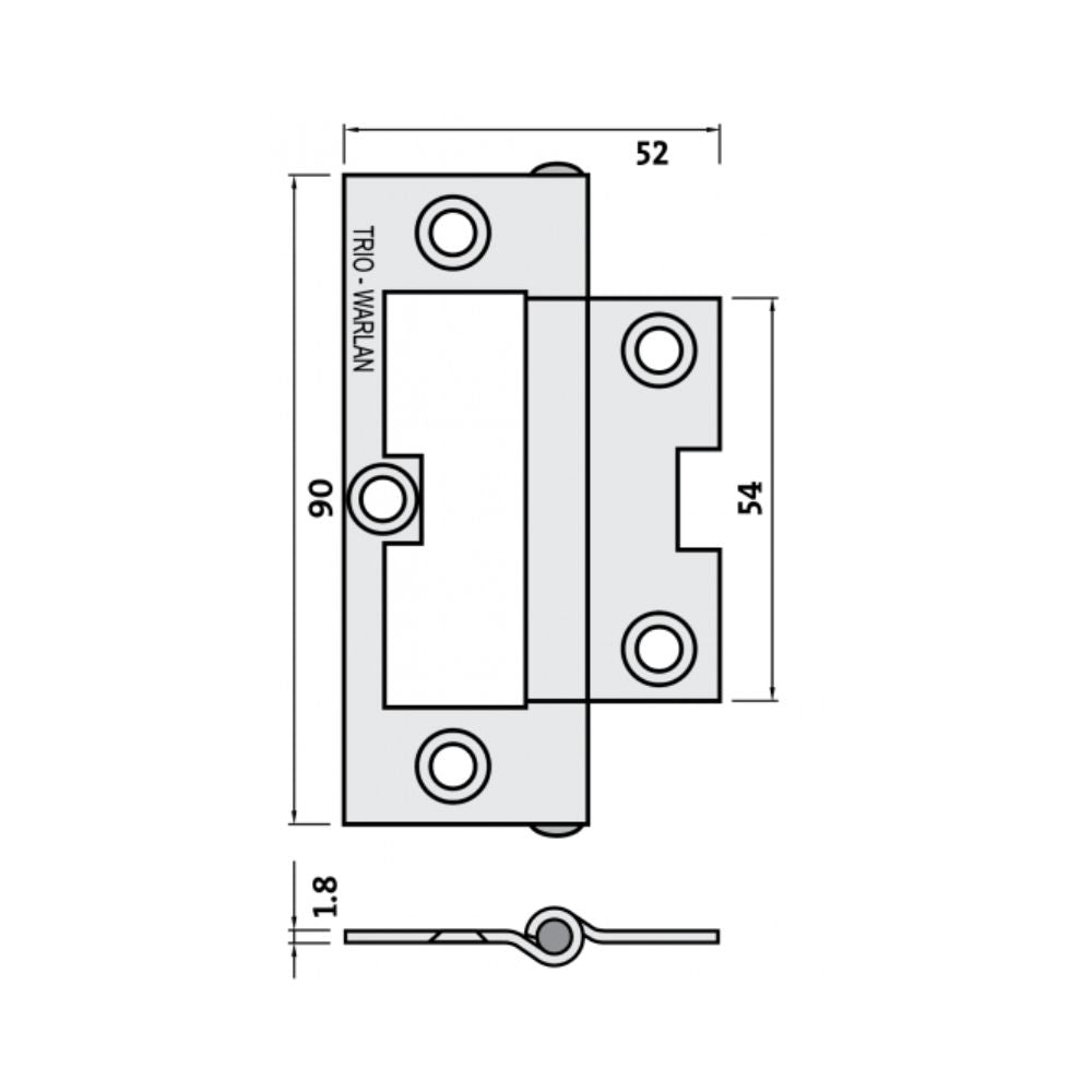 Warlan Quick Fit Hinge Light &amp; Narrow 90 x 52 x 1.8mm Fixed Pin